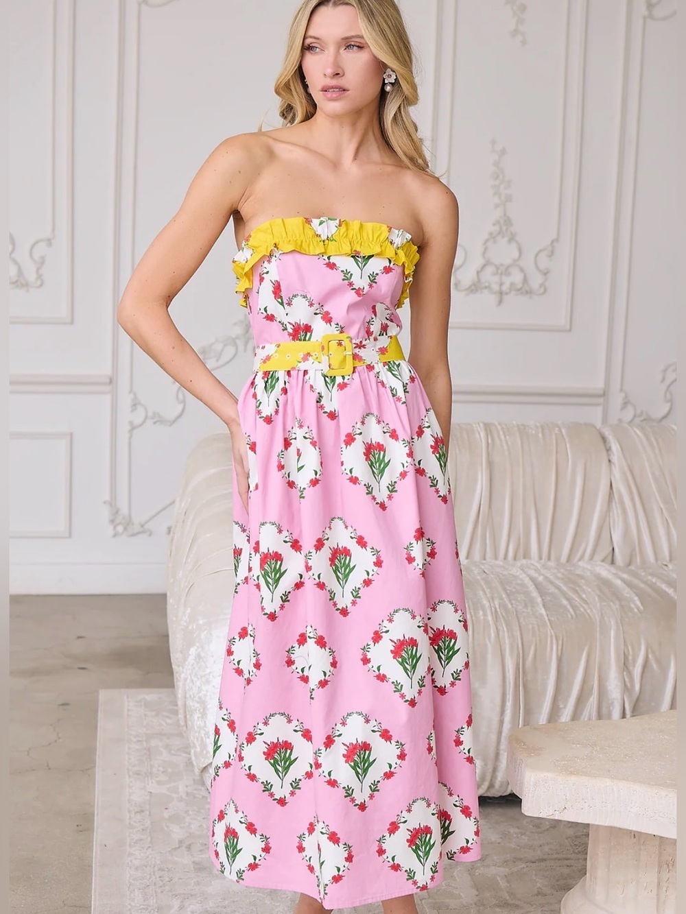 SugarLips Maia Floral Strapless Ruffle Midi Dress Sz XL Square neck Ruffles